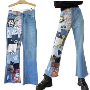 Urban Outfitters BDG Indigo Craft Patchwork High Waisted Flare Wide Jeans Sz 24